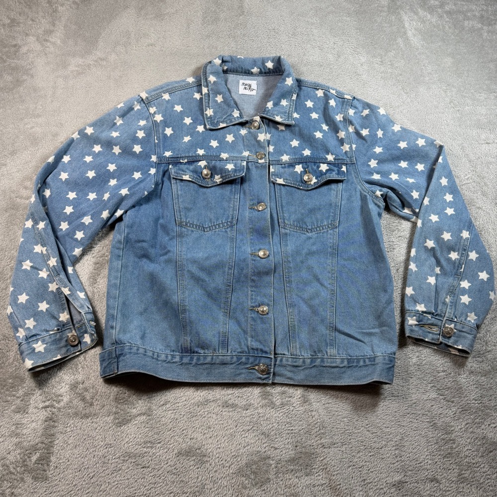 Princess Polly Denim Jacket Women US 4 Blue AOP Stars Button Up Long Sleeve